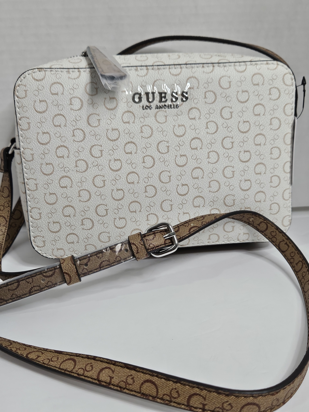 GUESS Los Angeles White & Brown Signature Crossbody Bag